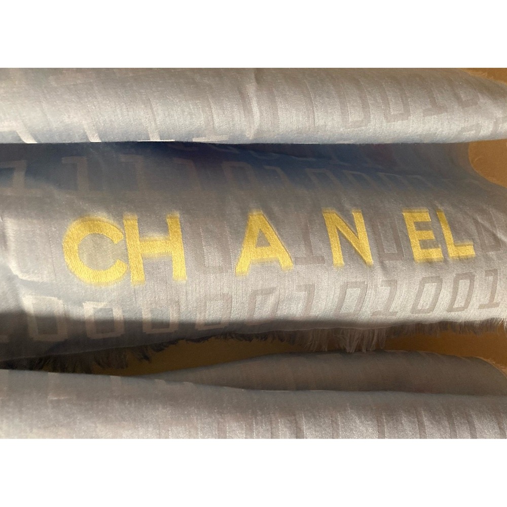 Chanel Scarf Wrap Silk Cashmere Light Blue Spell Out Binary Numbers Fringe 56x56 - Picture 7 of 7